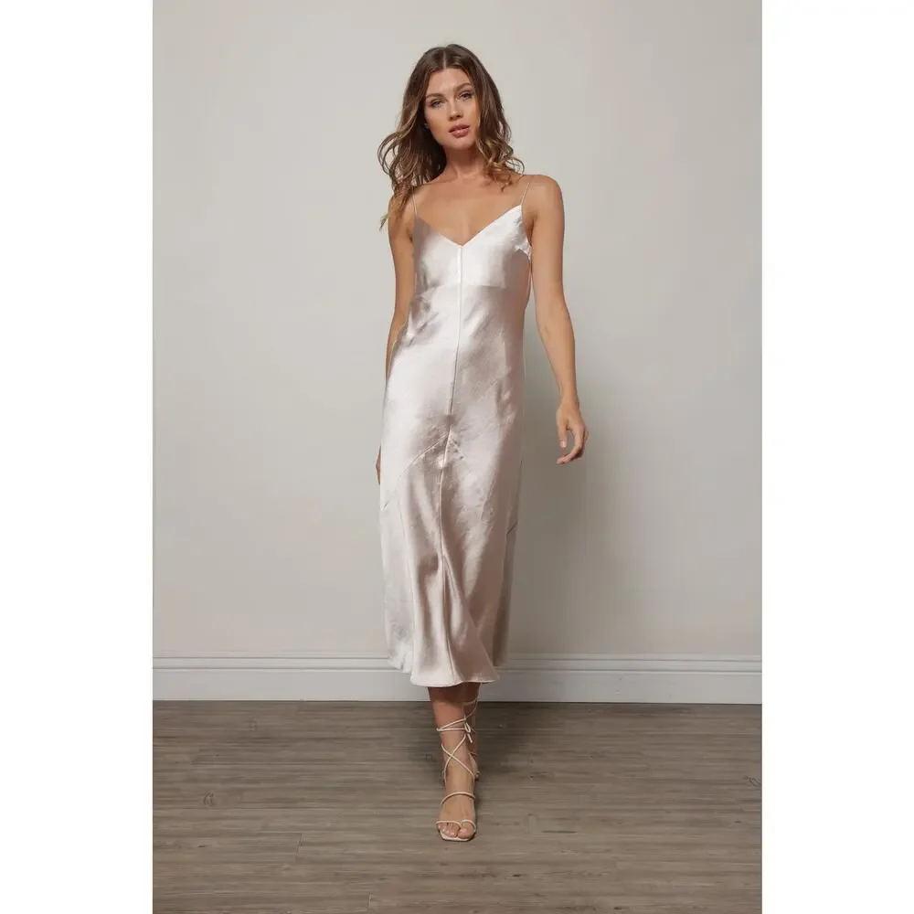 Line & Dot Dolly Oyster Satin Sleeveless V-Neck Slip Midi Dress Size Small - Picture 1 of 12